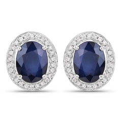 4.14 Carat Genuine Blue Sapphire and White Diamond 14K White Gold Earrings - Sable Gold