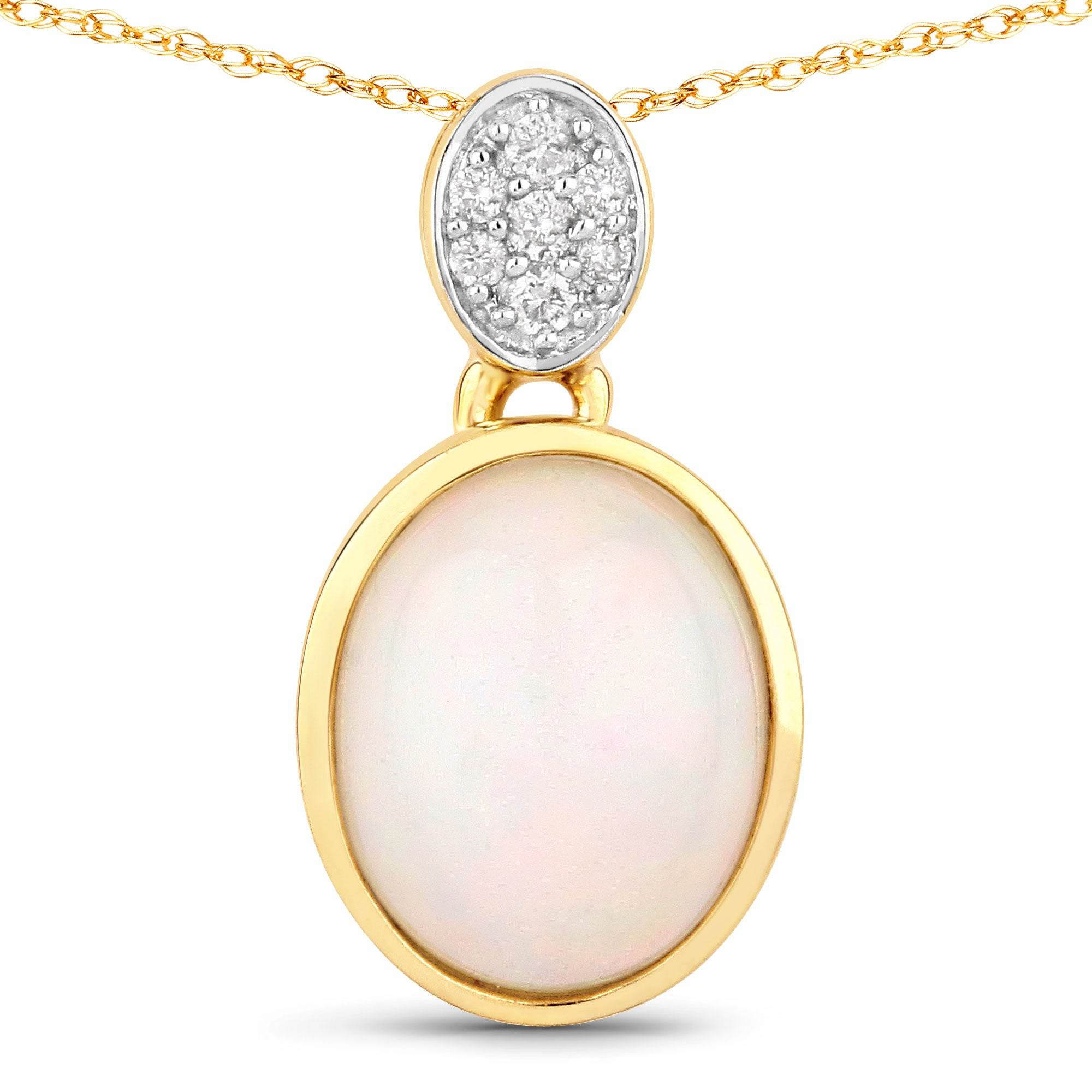 1.648 Carat Genuine Ethiopian Opal and White Diamond 10K Yellow Gold Pendant - Sable Gold