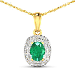 1.50 Carat Genuine Zambian Emerald and White Diamond 14K Yellow Gold Pendant - Sable Gold