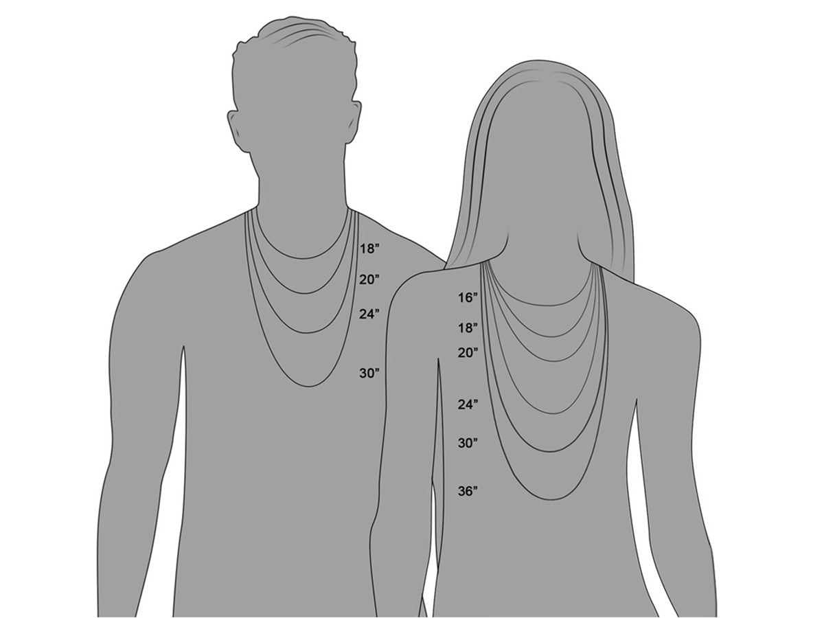 Illustration showing various necklace lengths on a male and female silhouette, featuring the 18-inch length of the seahorse necklace for size reference.